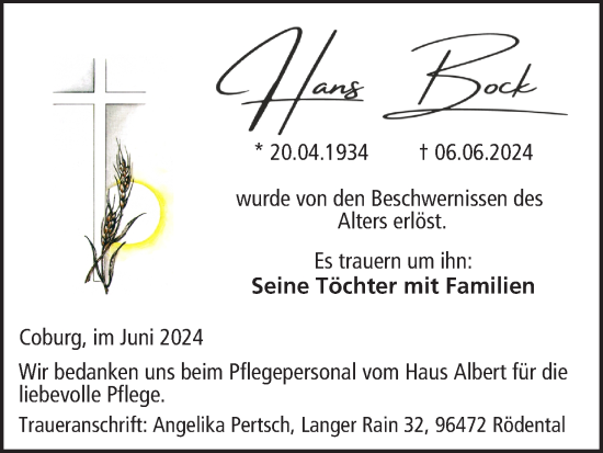 Anzeige von Hans Bock von MGO