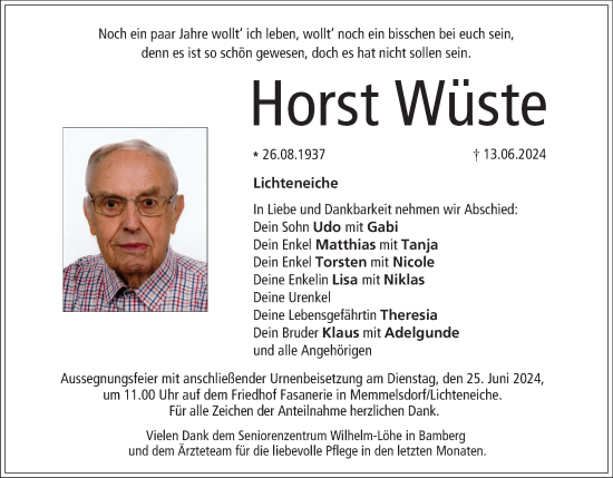 Anzeige von Horst Wüste von MGO