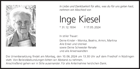 Anzeige von Inge Kiesel von MGO
