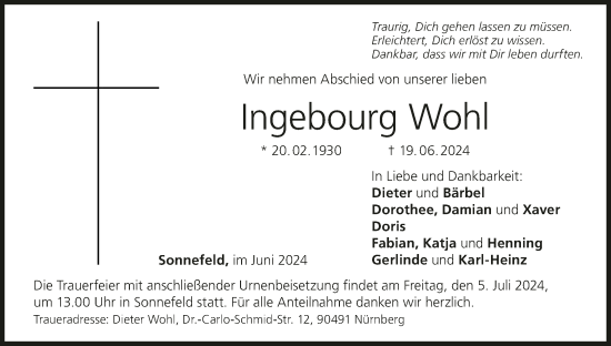 Anzeige von Ingebourg Wohl von MGO