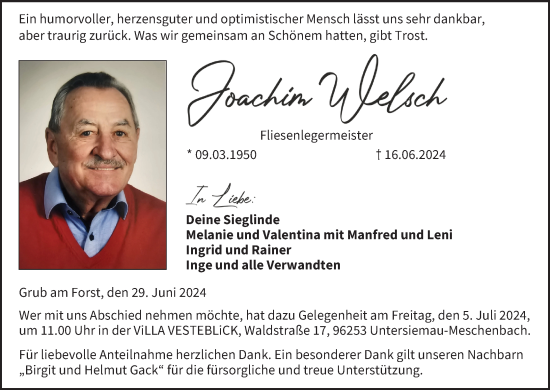 Anzeige von Joachim Welsch von MGO