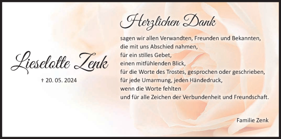 Anzeige von Lieselotte Zenk von MGO