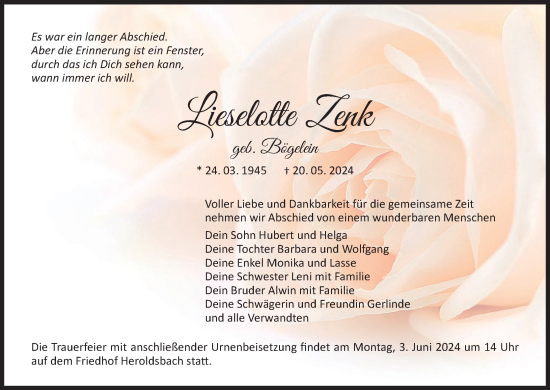 Anzeige von Lieselotte Zenk von MGO