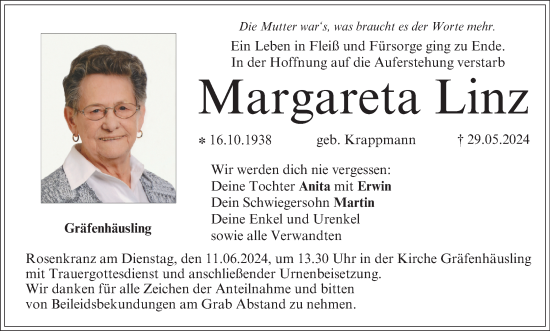 Anzeige von Margareta Linz von MGO
