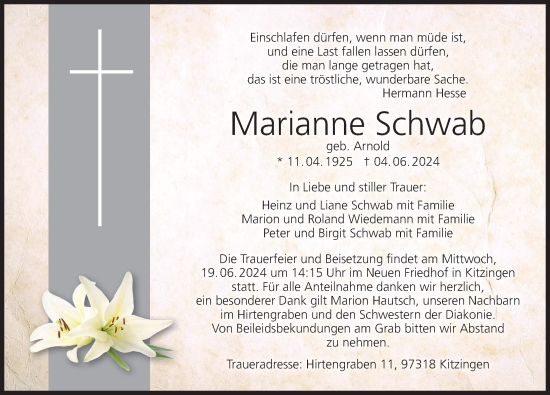Anzeige von Marianne Schwab von MGO