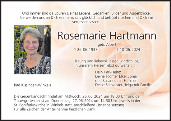 Anzeige von Rosemarie Hartmann von MGO