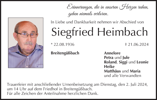 Anzeige von Siegfried Heimbach von MGO