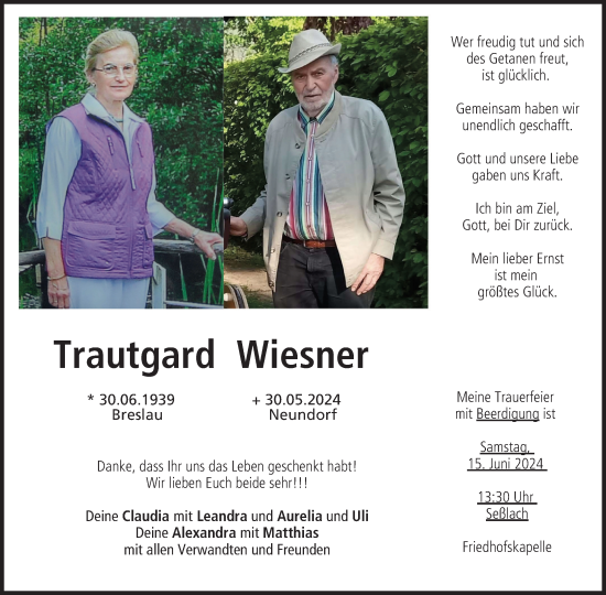 Anzeige von Trautgard Wiesner von MGO