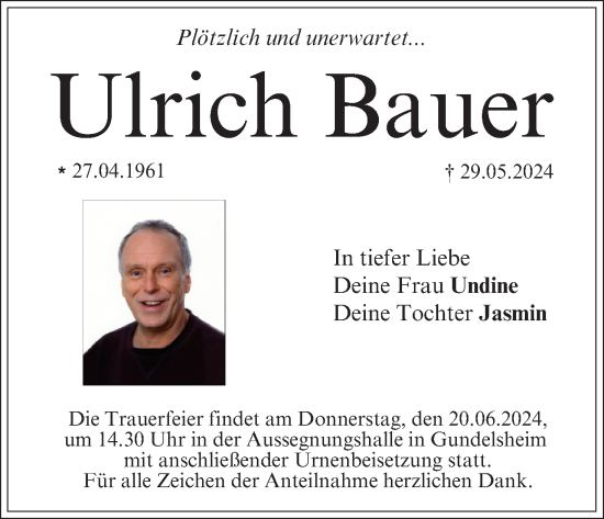 Anzeige von Ulrich Bauer von MGO