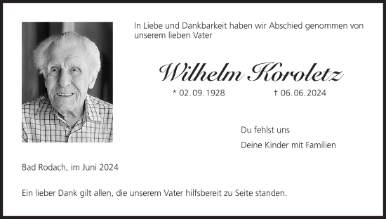 Anzeige von Wilhelm Koroletz von MGO