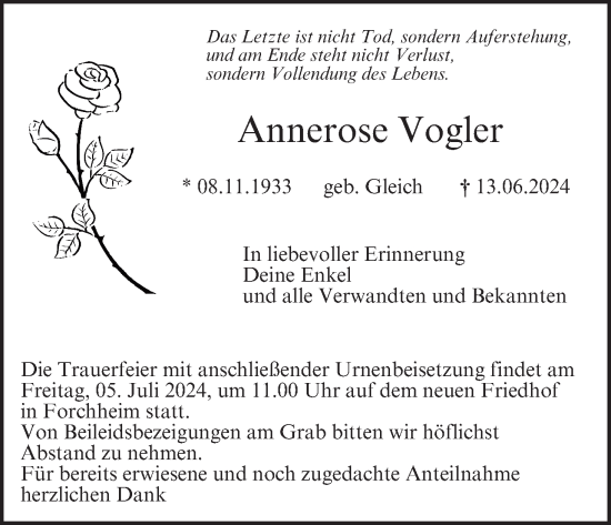 Anzeige von Annerose Vogler von MGO