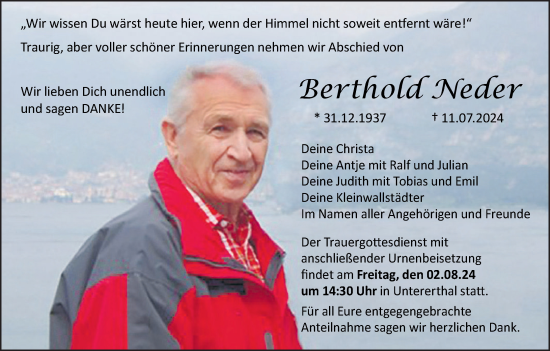 Anzeige von Berthold Neder von MGO