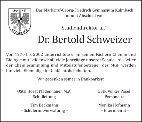 Anzeige von Bertold Schweizer von MGO