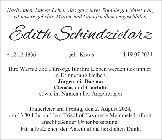 Anzeige von Edith Schindzielarz von MGO