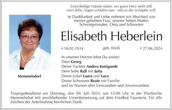 Anzeige von Elisabeth Heberlein von MGO