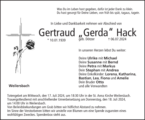Anzeige von Gertraud Hack von MGO