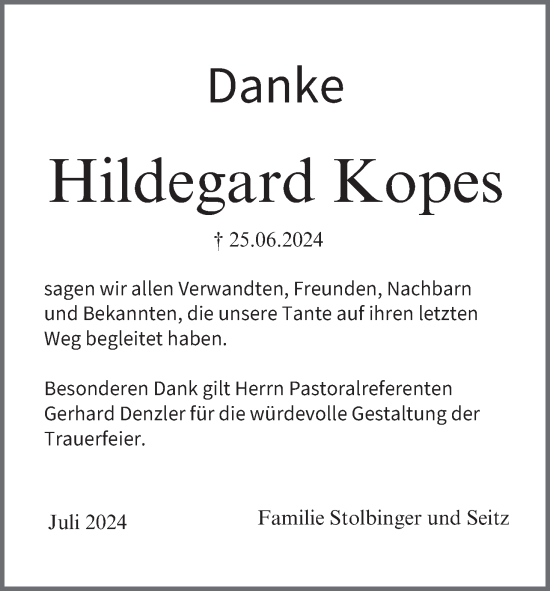 Anzeige von Hildegard Kopes von MGO