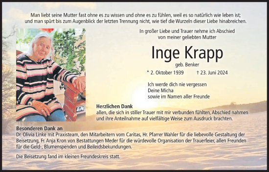 Anzeige von Inge Krapp von MGO