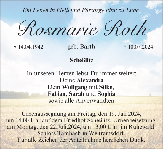 Anzeige von Rosmarie Roth von MGO