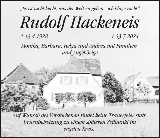 Anzeige von Rudolf Hackeneis von MGO