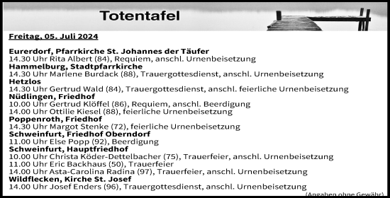Anzeige von Totentafel vom 05.07.2024 von MGO