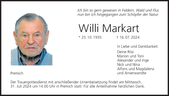 Anzeige von Willi Markart von MGO