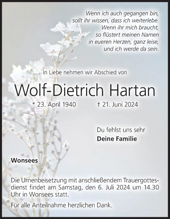 Anzeige von Wolf-Dietrich Hartan von MGO