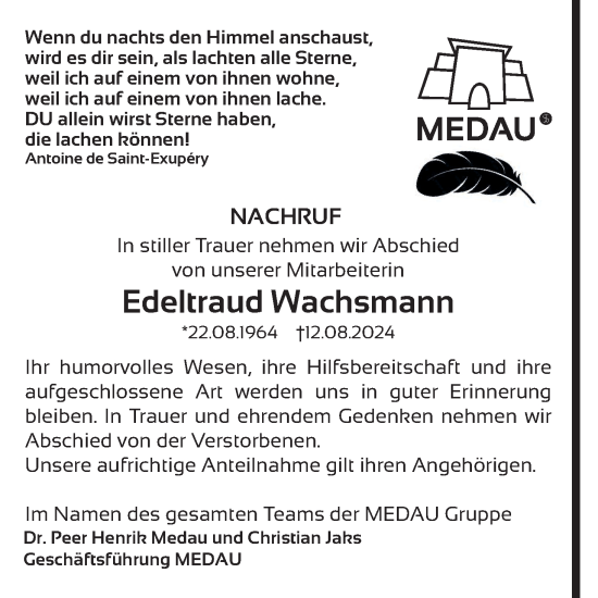 Anzeige von Edeltraud Wachsmann von MGO