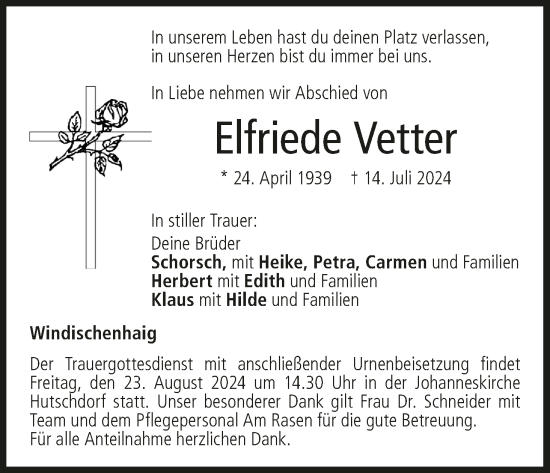 Anzeige von Elfriede Vetter von MGO