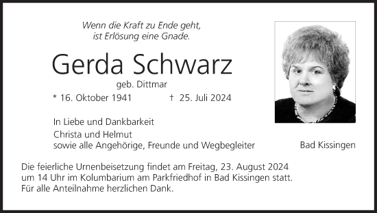 Anzeige von Gerda Schwarz von MGO