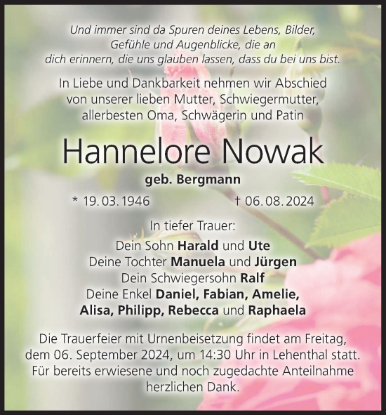 Anzeige von Hannelore Nowak von MGO