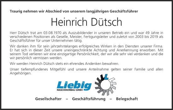 Anzeige von Heinrich Dütsch von MGO
