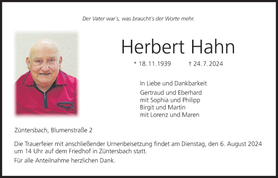 Anzeige von Herbert Hahn von MGO