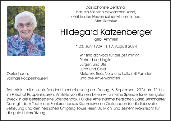 Anzeige von Hildegard Katzenberger von MGO