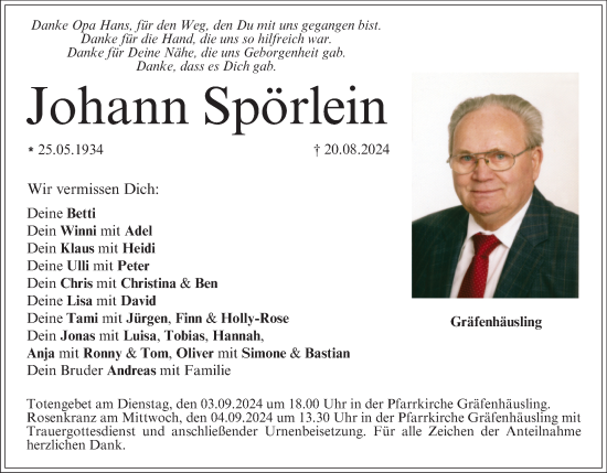 Anzeige von Johann Spörlein von MGO