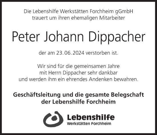 Anzeige von Peter Johann Dippacher von MGO