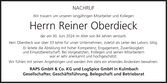 Anzeige von Reiner Oberdieck von MGO