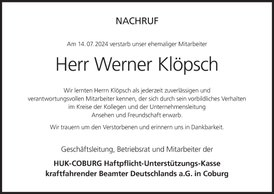 Anzeige von Werner Klöpsch von MGO