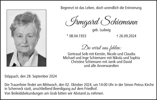Anzeige von Irmgard Schiemann von MGO