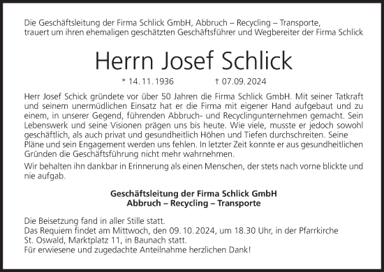 Anzeige von Josef Schlick von MGO
