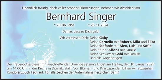Anzeige von Bernhard Singer von MGO