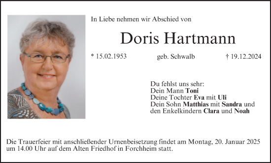 Anzeige von Doris Hartmann von MGO