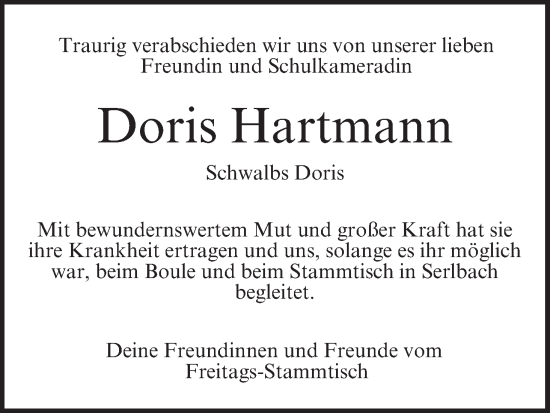 Anzeige von Doris Hartmann von MGO