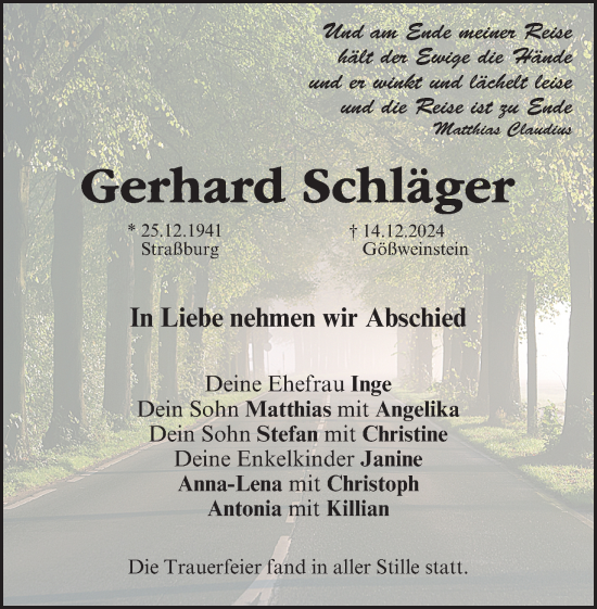 Anzeige von Gerhard Schläger von MGO