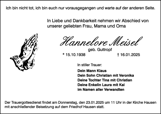 Anzeige von Hannelore Meisel von MGO