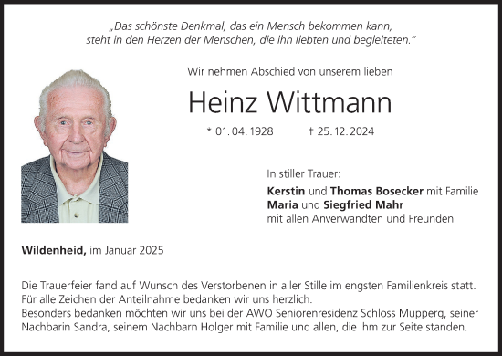 Anzeige von Heinz Wittmann von MGO