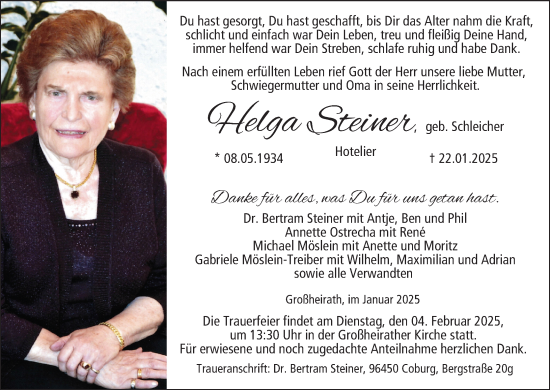 Anzeige von Helga Steiner von MGO