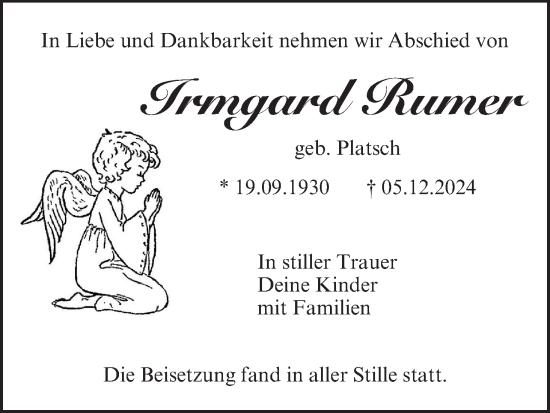Anzeige von Irmgard Rumer von MGO