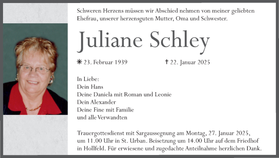 Anzeige von Juliane Schley von MGO