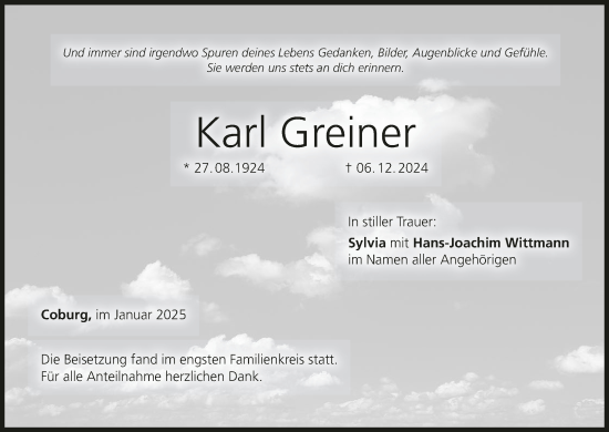 Anzeige von Karl Greiner von MGO